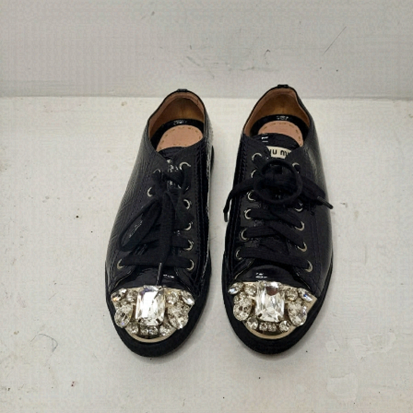 Miu Miu Shoes - Miu Miu Black Patent Silver Metal Jewel Stone Toe Sneakers Size 35.5